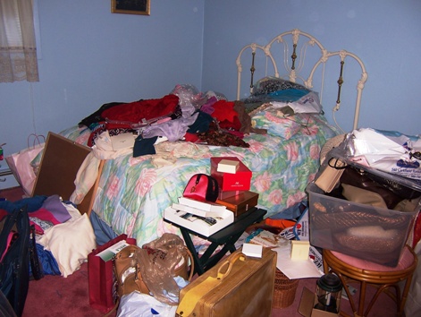 cluttered guestroom
