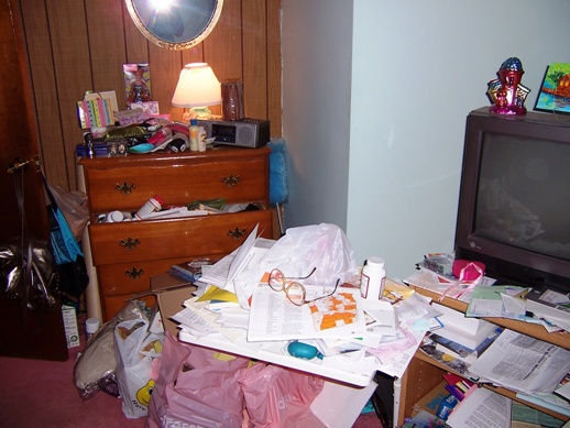 cluttered dresser